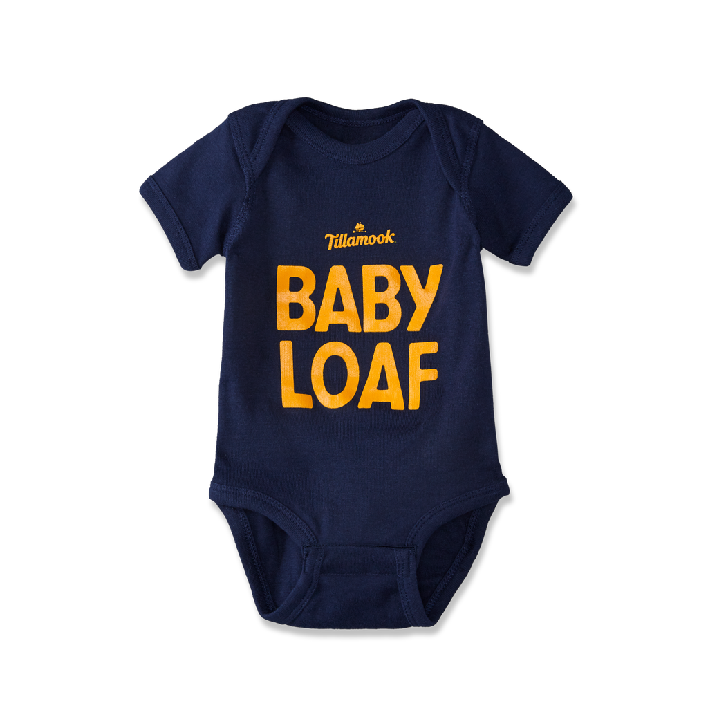 tillamook shop - navy with orange text "baby loaf" baby onesie - 2022
